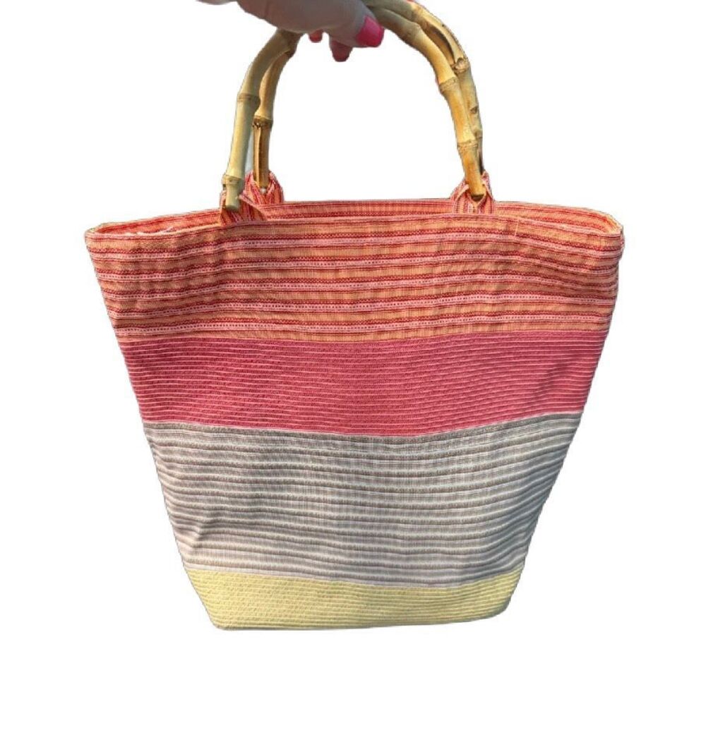 Toucan Collection Coral Woven Bag Bamboo Handles Beach Vacation Purse